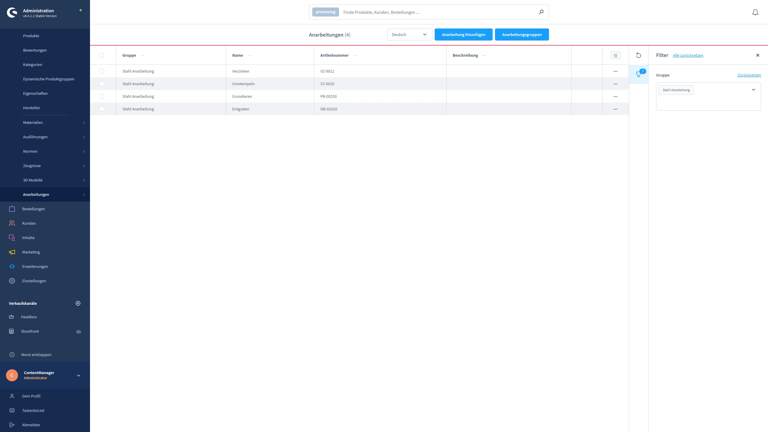 Anarbeitungsfilter Admin